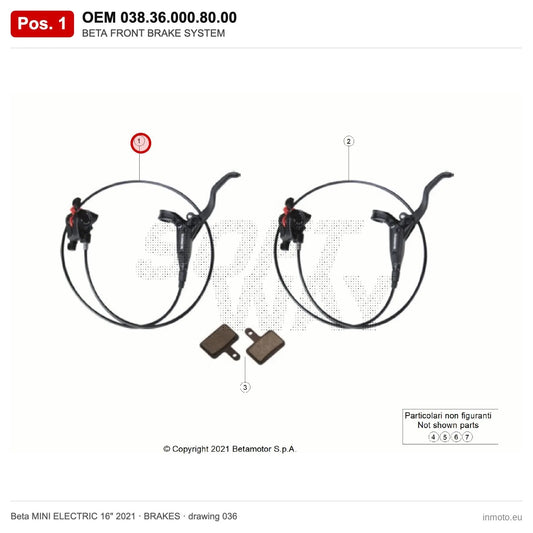 BETA FRONT BRAKE SYSTEM – OEM 038.36.000.80.00, position 1 on the Beta MINI ELECTRIC 16" 2021 brakes drawing