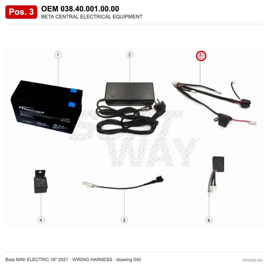 BETA CENTRAL ELECTRICAL EQUIPMENT – OEM 038.40.001.00.00, position 3 on the Beta MINI ELECTRIC 16" 2021 wiring harness drawing