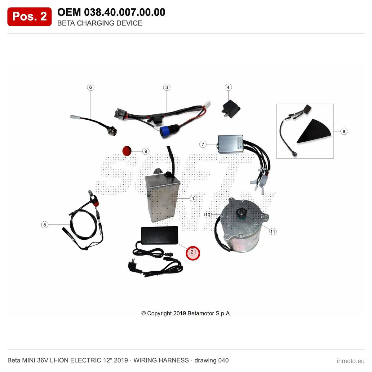 BETA CHARGING DEVICE – OEM 038.40.007.00.00, position 2 on the Beta MINI 36V LI-ION ELECTRIC 12" 2019 wiring harness drawing