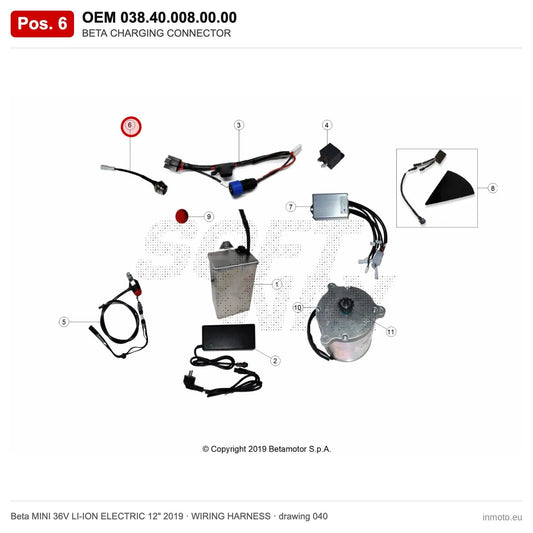 BETA CHARGING CONNECTOR – OEM 038.40.008.00.00, position 6 on the Beta MINI 36V LI-ION ELECTRIC 12" 2019 wiring harness drawing