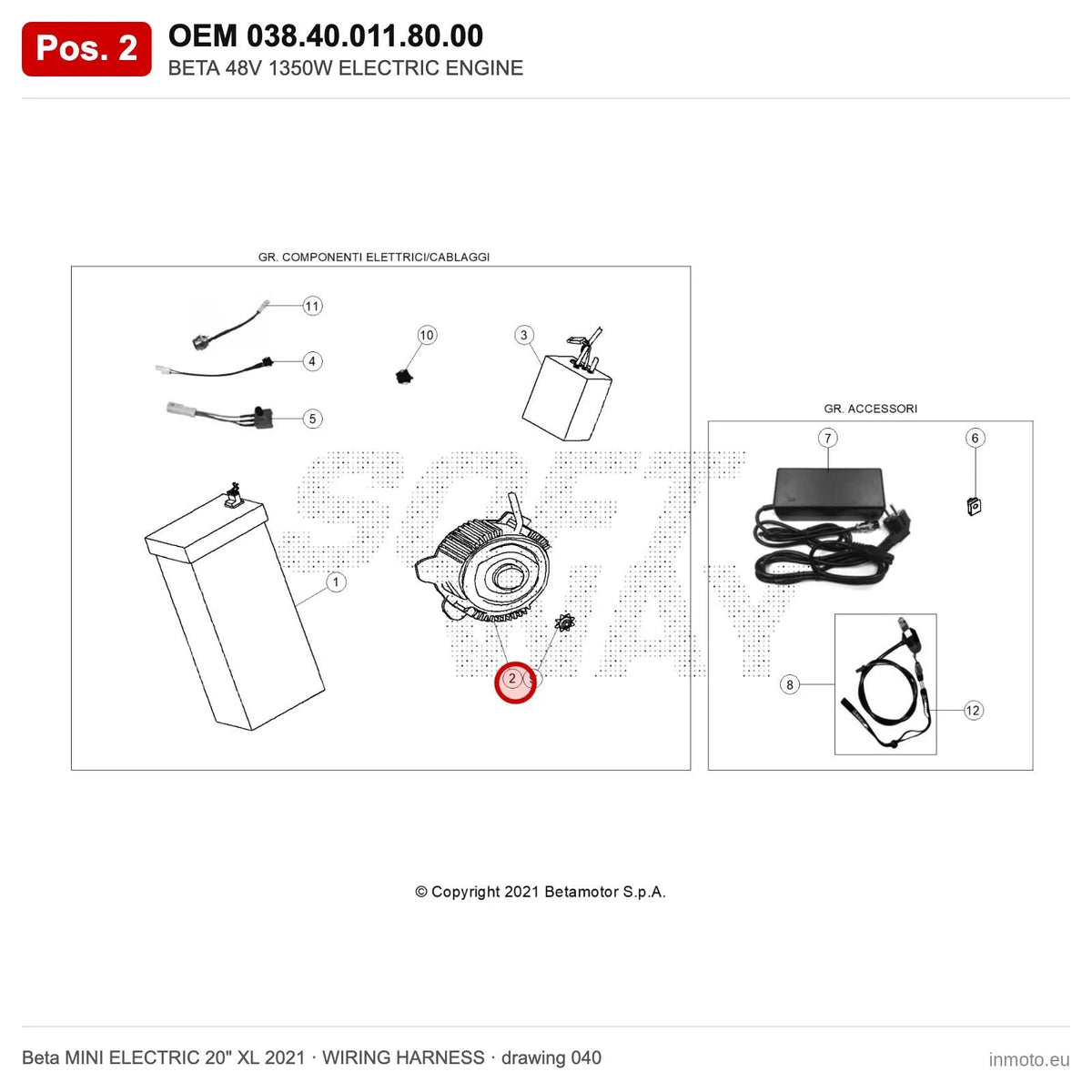BETA 48V 1350W ELECTRIC ENGINE – OEM 038.40.011.80.00, position 2 on the Beta MINI ELECTRIC 20" XL 2021 wiring harness drawing