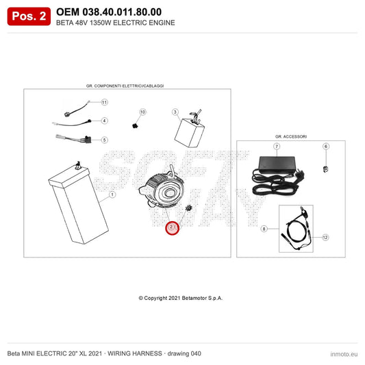 BETA 48V 1350W ELECTRIC ENGINE – OEM 038.40.011.80.00, position 2 on the Beta MINI ELECTRIC 20" XL 2021 wiring harness drawing