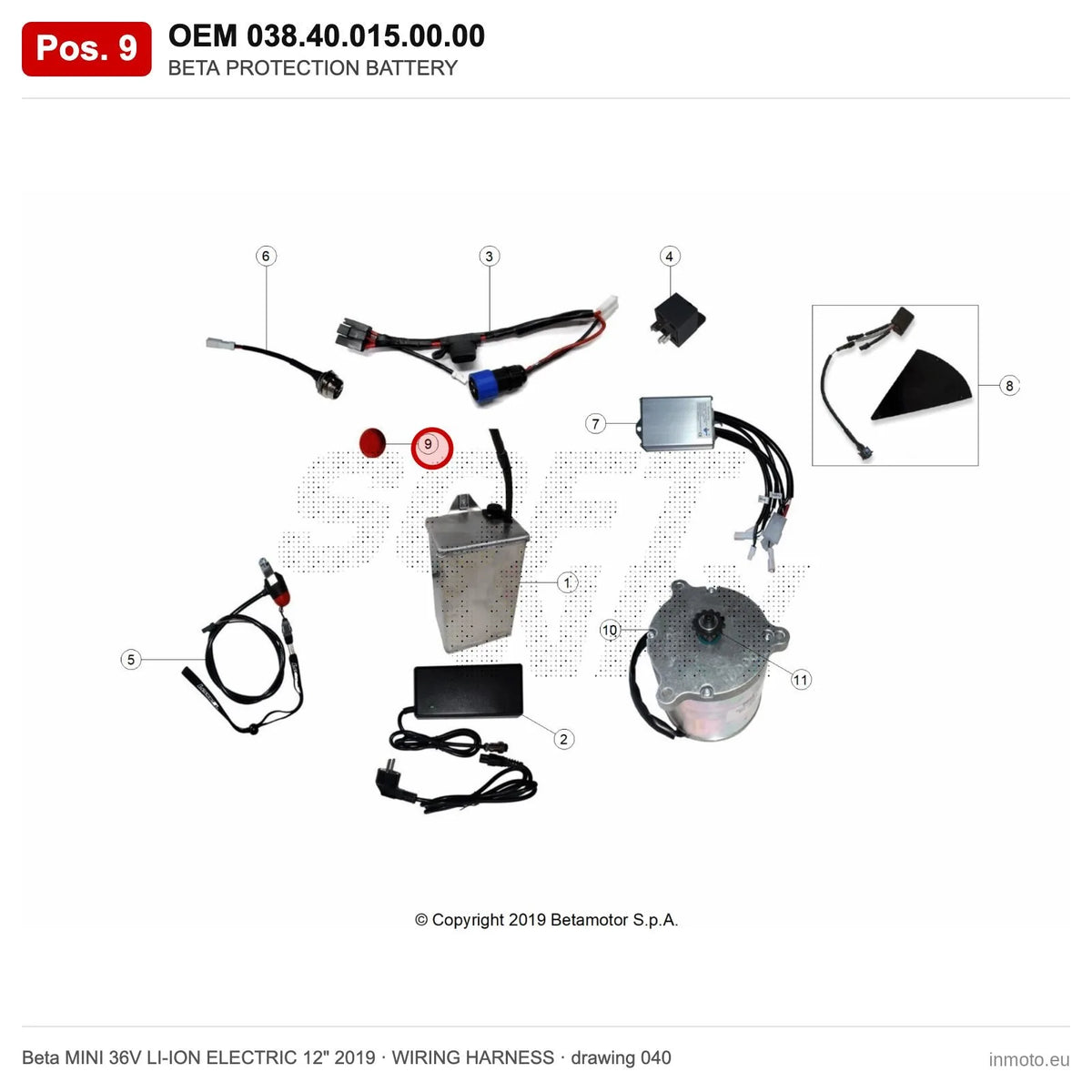 BETA PROTECTION BATTERY – OEM 038.40.015.00.00, position 9 on the Beta MINI 36V LI-ION ELECTRIC 12" 2019 wiring harness drawing