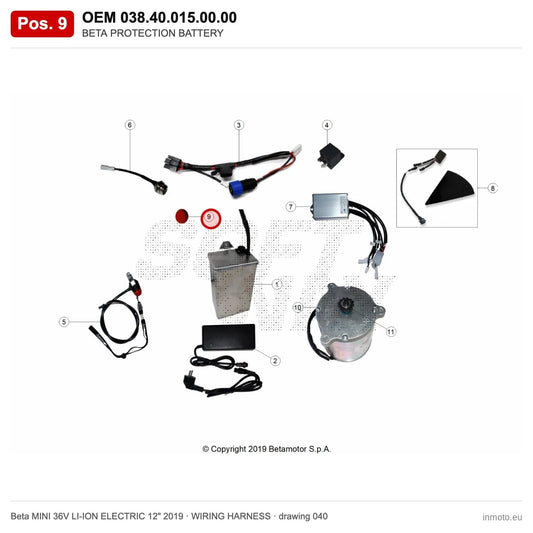 BETA PROTECTION BATTERY – OEM 038.40.015.00.00, position 9 on the Beta MINI 36V LI-ION ELECTRIC 12" 2019 wiring harness drawing