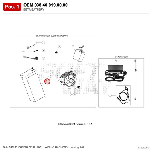BETA BATTERY – OEM 038.40.019.00.00, position 1 on the Beta MINI ELECTRIC 20" XL 2021 wiring harness drawing