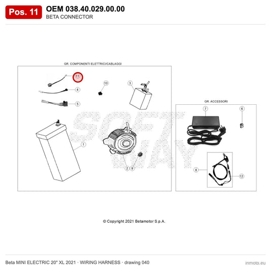 BETA CONNECTOR – OEM 038.40.029.00.00, position 11 on the Beta MINI ELECTRIC 20" XL 2021 wiring harness drawing