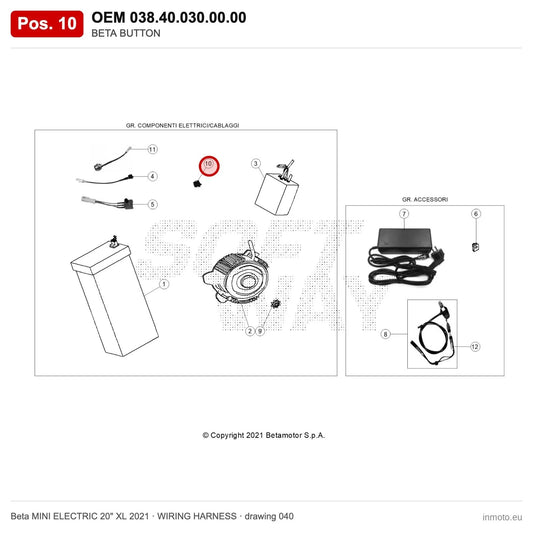 BETA BUTTON – OEM 038.40.030.00.00, position 10 on the Beta MINI ELECTRIC 20" XL 2021 wiring harness drawing