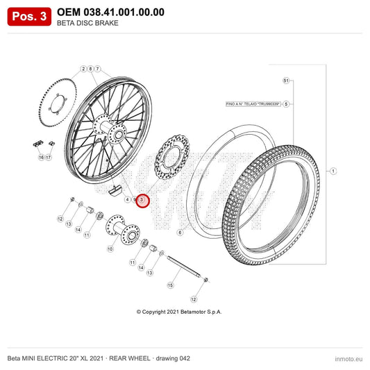 BETA DISC BRAKE – OEM 038.41.001.00.00, position 3 on the Beta MINI ELECTRIC 20" XL 2021 rear wheel drawing