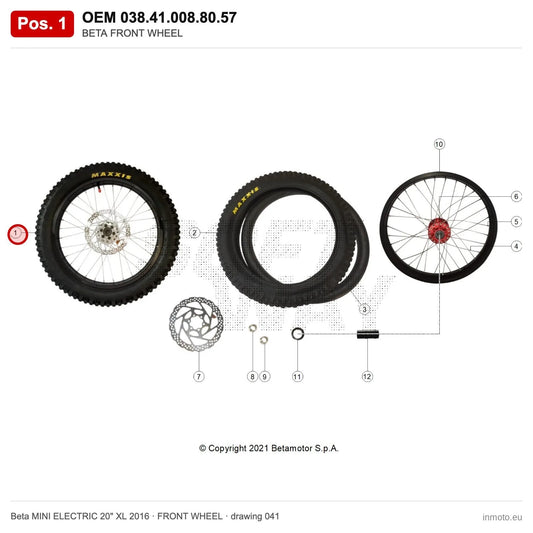 BETA FRONT WHEEL – OEM 038.41.008.80.57, position 1 on the Beta MINI ELECTRIC 20" XL 2016 front wheel drawing