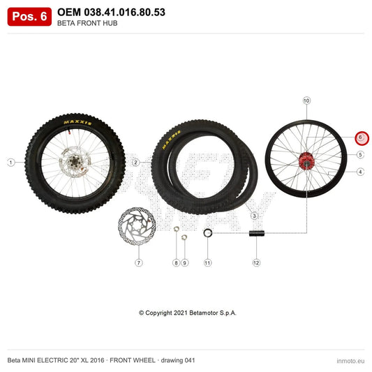 BETA FRONT HUB – OEM 038.41.016.80.53, position 6 on the Beta MINI ELECTRIC 20" XL 2016 front wheel drawing