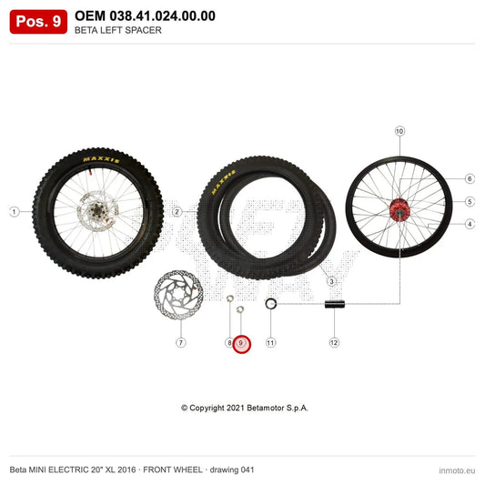 BETA LEFT SPACER – OEM 038.41.024.00.00, position 9 on the Beta MINI ELECTRIC 20" XL 2016 front wheel drawing
