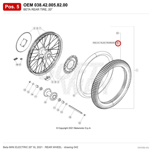BETA REAR TIRE, 20" – OEM 038.42.005.82.00, position 5 on the Beta MINI ELECTRIC 20" XL 2021 rear wheel drawing