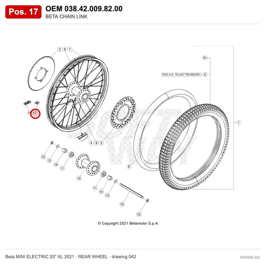 BETA CHAIN LINK – OEM 038.42.009.82.00, position 17 on the Beta MINI ELECTRIC 20" XL 2021 rear wheel drawing