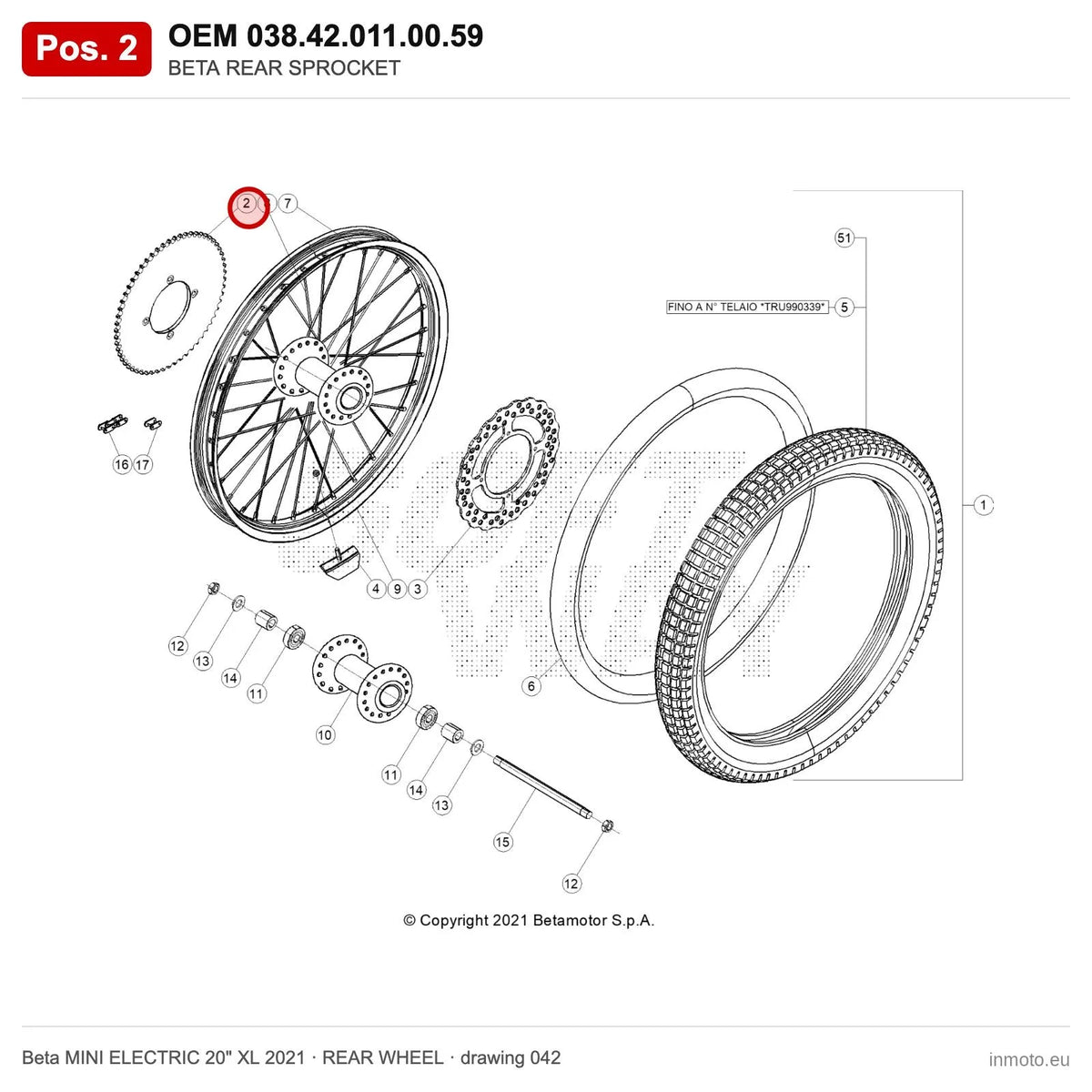 BETA REAR SPROCKET – OEM 038.42.011.00.59, position 2 on the Beta MINI ELECTRIC 20" XL 2021 rear wheel drawing