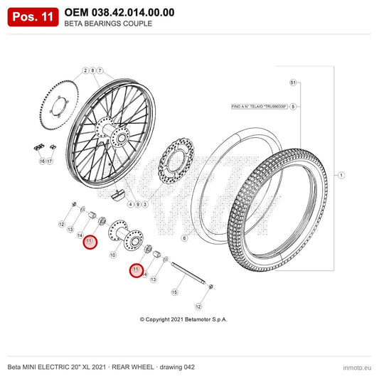 BETA BEARINGS COUPLE – OEM 038.42.014.00.00, position 11 on the Beta MINI ELECTRIC 20" XL 2021 rear wheel drawing