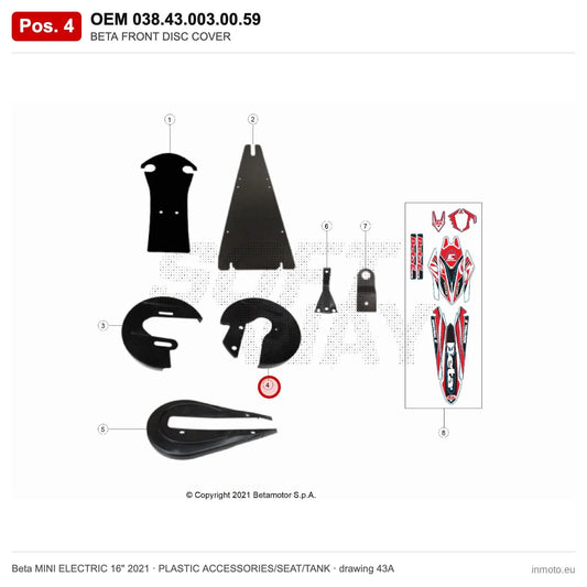 BETA FRONT DISC COVER – OEM 038.43.003.00.59, position 4 on the Beta MINI ELECTRIC 16" 2021 plastic accessories/seat/tank drawing