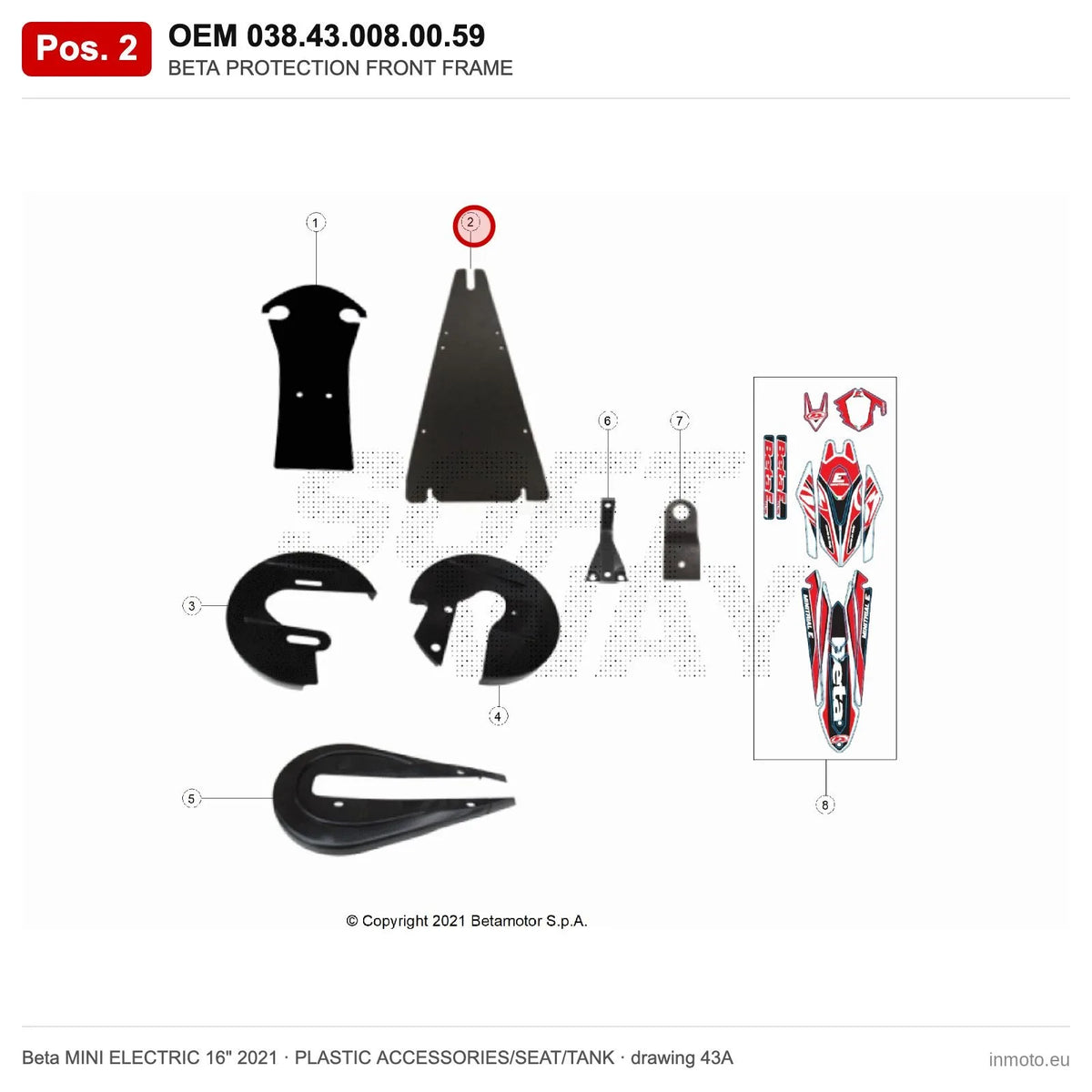 BETA PROTECTION FRONT FRAME – OEM 038.43.008.00.59, position 2 on the Beta MINI ELECTRIC 16" 2021 plastic accessories/seat/tank drawing