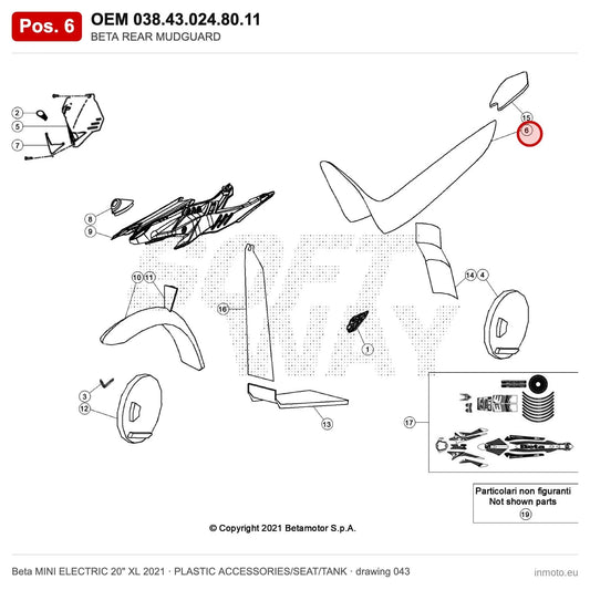 BETA REAR MUDGUARD – OEM 038.43.024.80.11, position 6 on the Beta MINI ELECTRIC 20" XL 2021 plastic accessories/seat/tank drawing