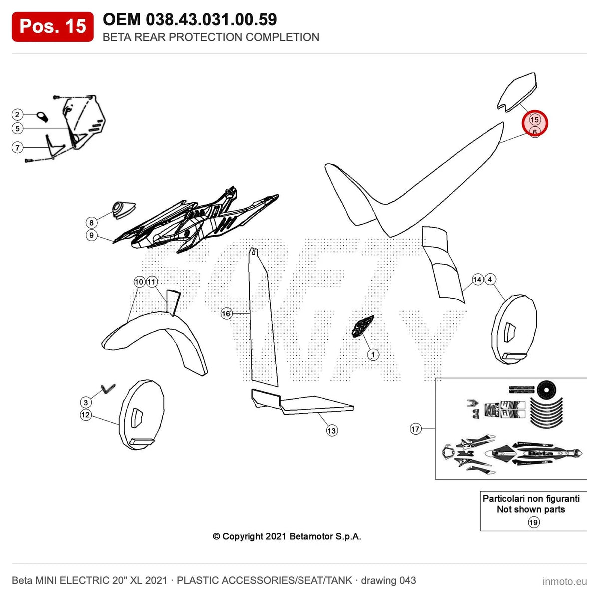 BETA REAR PROTECTION COMPLETION – OEM 038.43.031.00.59, position 15 on the Beta MINI ELECTRIC 20" XL 2021 plastic accessories/seat/tank drawing