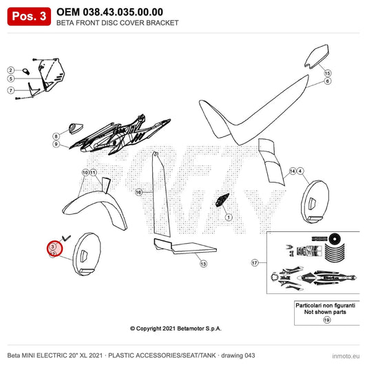 BETA FRONT DISC COVER BRACKET – OEM 038.43.035.00.00, position 3 on the Beta MINI ELECTRIC 20" XL 2021 plastic accessories/seat/tank drawing
