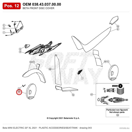 BETA FRONT DISC COVER – OEM 038.43.037.00.00, position 12 on the Beta MINI ELECTRIC 20" XL 2021 plastic accessories/seat/tank drawing