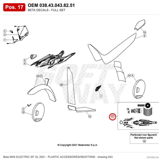 BETA DECALS - FULL SET – OEM 038.43.043.82.51, position 17 on the Beta MINI ELECTRIC 20" XL 2021 plastic accessories/seat/tank drawing