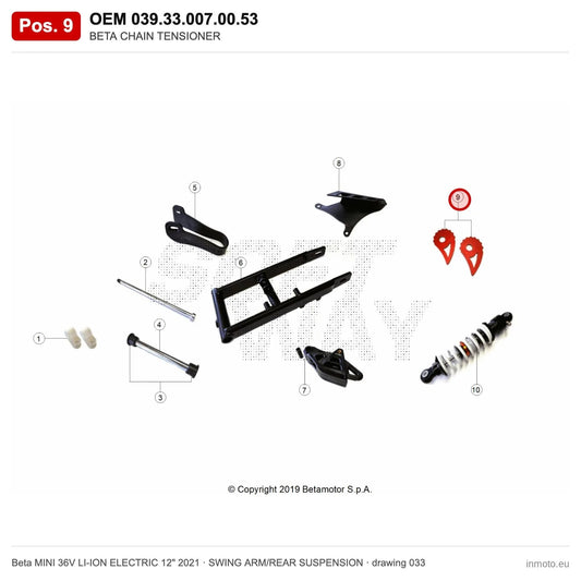 BETA CHAIN TENSIONER – OEM 039.33.007.00.53, position 9 on the Beta MINI 36V LI-ION ELECTRIC 12" 2021 swing arm/rear suspension drawing