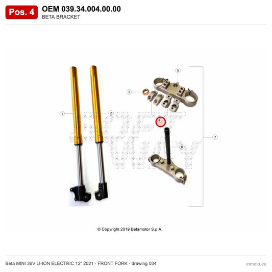 BETA BRACKET – OEM 039.34.004.00.00, position 4 on the Beta MINI 36V LI-ION ELECTRIC 12" 2021 front fork drawing