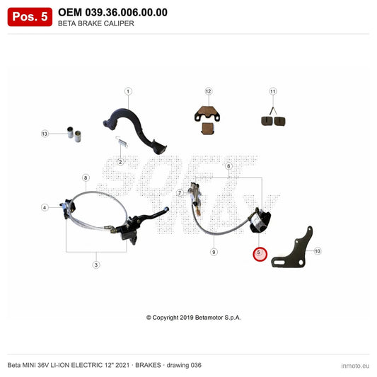 BETA BRAKE CALIPER – OEM 039.36.006.00.00, position 5 on the Beta MINI 36V LI-ION ELECTRIC 12" 2021 brakes drawing