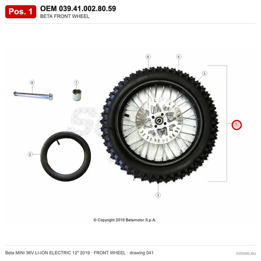 BETA FRONT WHEEL – OEM 039.41.002.80.59, position 1 on the Beta MINI 36V LI-ION ELECTRIC 12" 2019 front wheel drawing