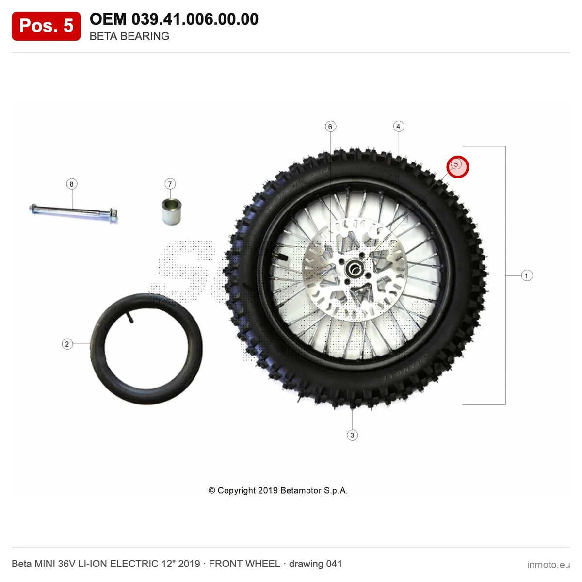 BETA BEARING – OEM 039.41.006.00.00, position 5 on the Beta MINI 36V LI-ION ELECTRIC 12" 2019 front wheel drawing
