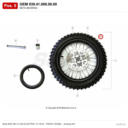 BETA BEARING – OEM 039.41.006.00.00, position 5 on the Beta MINI 36V LI-ION ELECTRIC 12" 2019 front wheel drawing