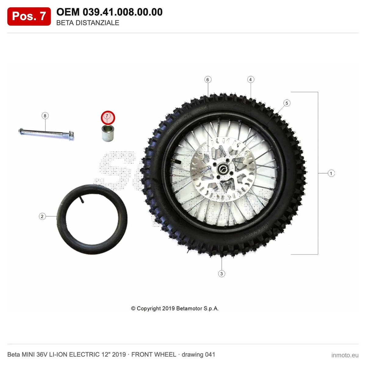BETA DISTANZIALE – OEM 039.41.008.00.00, position 7 on the Beta MINI 36V LI-ION ELECTRIC 12" 2019 front wheel drawing