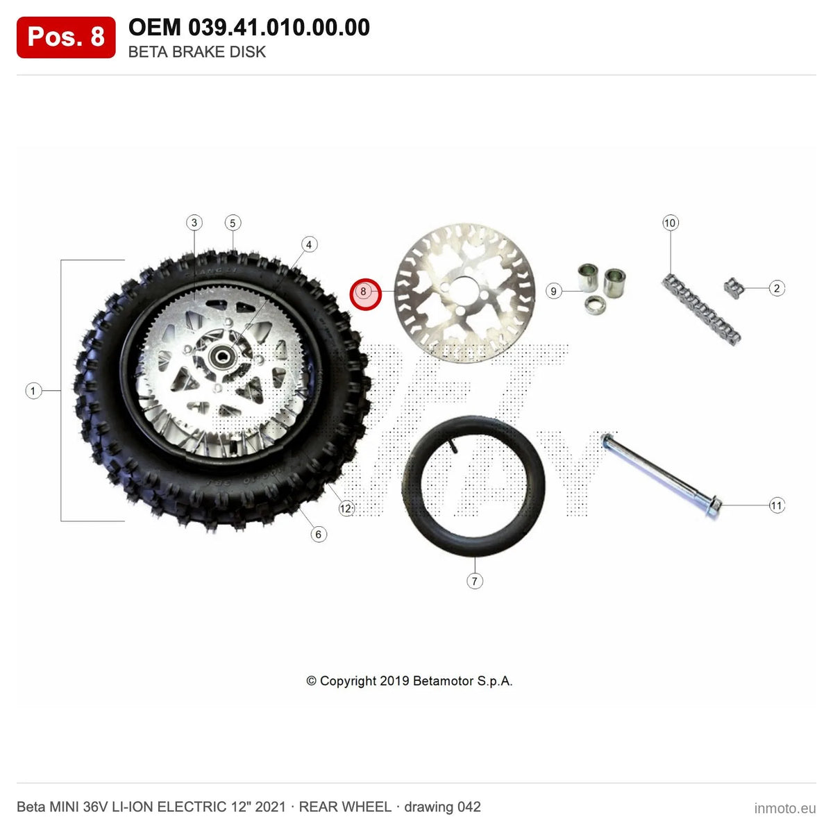 BETA BRAKE DISK – OEM 039.41.010.00.00, position 8 on the Beta MINI 36V LI-ION ELECTRIC 12" 2021 rear wheel drawing