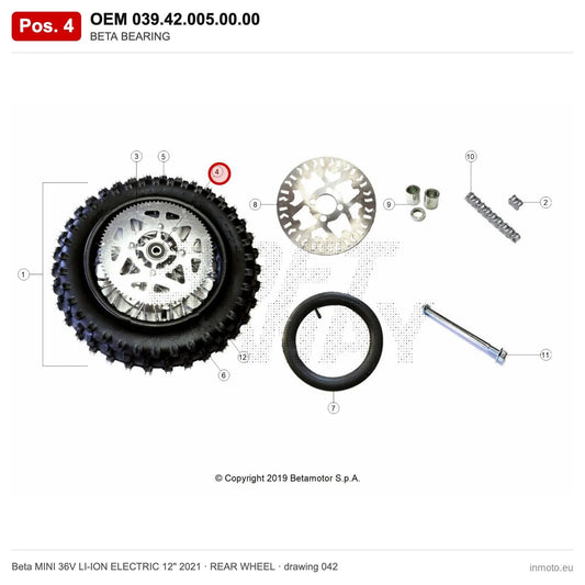 BETA BEARING – OEM 039.42.005.00.00, position 4 on the Beta MINI 36V LI-ION ELECTRIC 12" 2021 rear wheel drawing