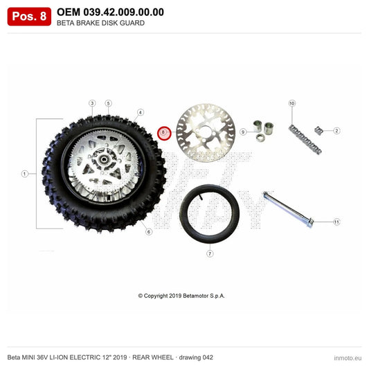 BETA BRAKE DISK GUARD – OEM 039.42.009.00.00, position 8 on the Beta MINI 36V LI-ION ELECTRIC 12" 2019 rear wheel drawing