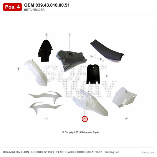 BETA FENDER – OEM 039.43.010.00.51, position 4 on the Beta MINI 36V LI-ION ELECTRIC 12" 2021 plastic accessories/seat/tank drawing
