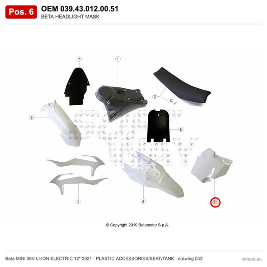 BETA HEADLIGHT MASK – OEM 039.43.012.00.51, position 6 on the Beta MINI 36V LI-ION ELECTRIC 12" 2021 plastic accessories/seat/tank drawing