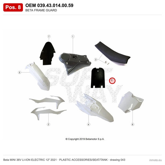 BETA FRAME GUARD – OEM 039.43.014.00.59, position 8 on the Beta MINI 36V LI-ION ELECTRIC 12" 2021 plastic accessories/seat/tank drawing