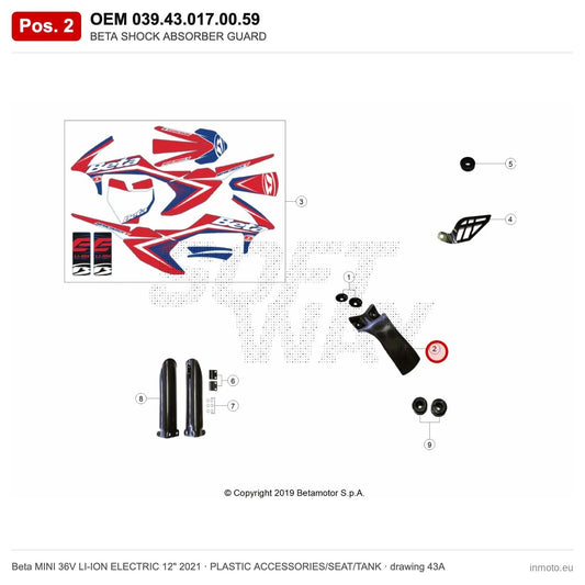 BETA SHOCK ABSORBER GUARD – OEM 039.43.017.00.59, position 2 on the Beta MINI 36V LI-ION ELECTRIC 12" 2021 plastic accessories/seat/tank drawing