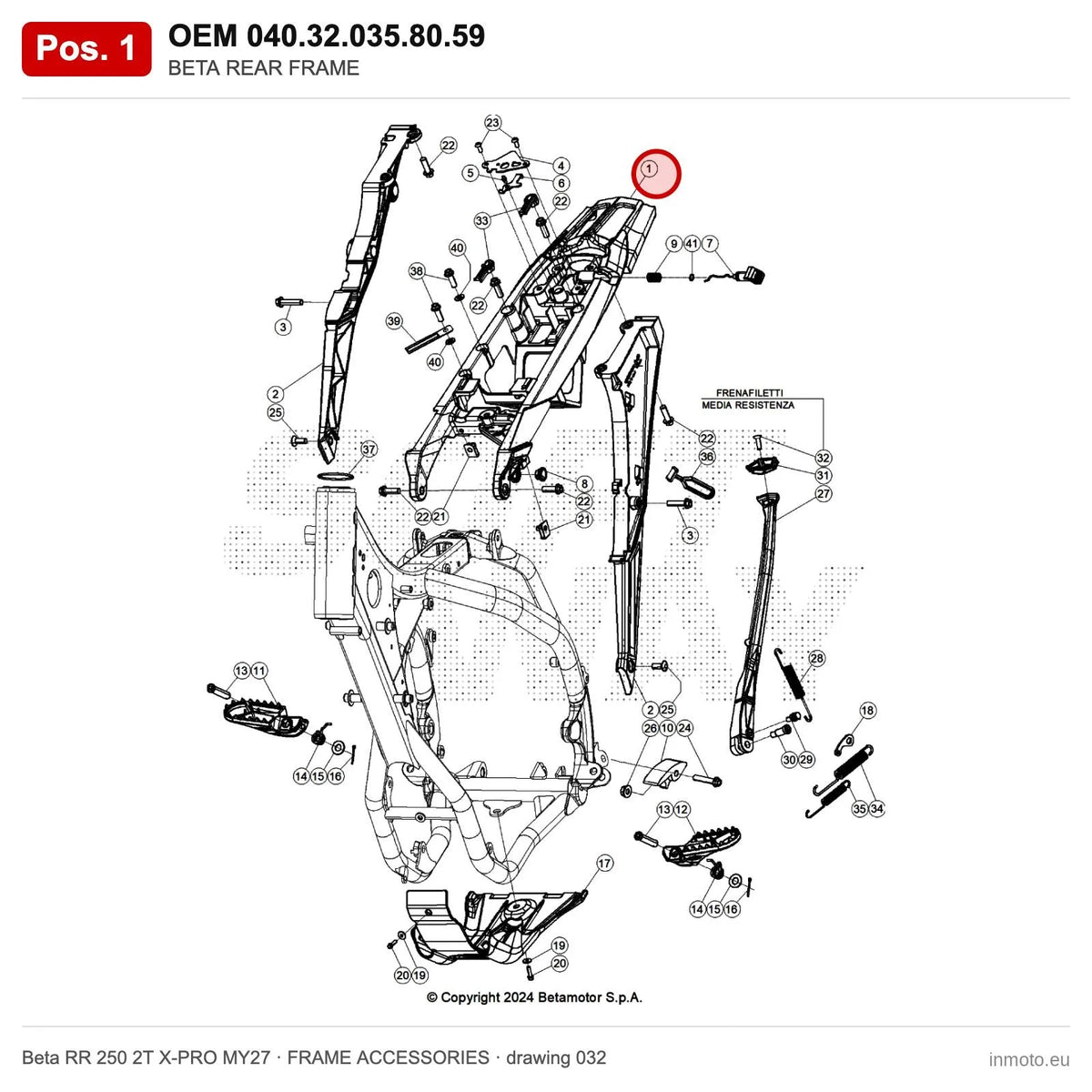 BETA REAR FRAME – OEM 040.32.035.80.59, position 1 on the Beta RR 250 2T X-PRO MY27 frame accessories drawing