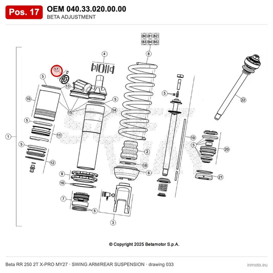 BETA ADJUSTMENT – OEM 040.33.020.00.00, position 17 on the Beta RR 250 2T X-PRO MY27 swing arm/rear suspension drawing