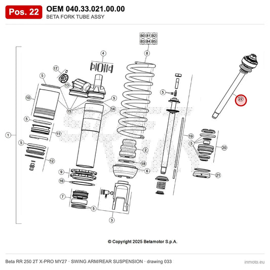 BETA FORK TUBE ASSY – OEM 040.33.021.00.00, position 22 on the Beta RR 250 2T X-PRO MY27 swing arm/rear suspension drawing