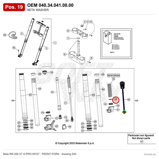 BETA WASHER – OEM 040.34.041.00.00, position 19 on the Beta RR 250 2T X-PRO MY27 front fork drawing