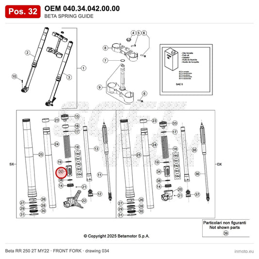 BETA SPRING GUIDE – OEM 040.34.042.00.00, position 32 on the Beta RR 250 2T MY22 front fork drawing