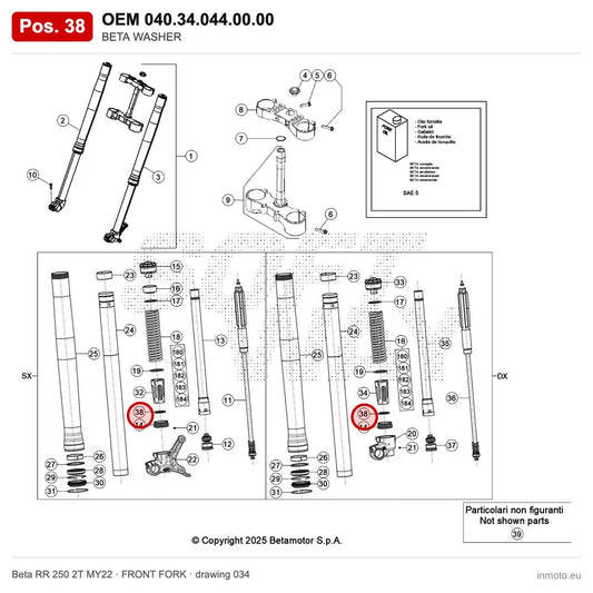 BETA WASHER – OEM 040.34.044.00.00, position 38 on the Beta RR 250 2T MY22 front fork drawing