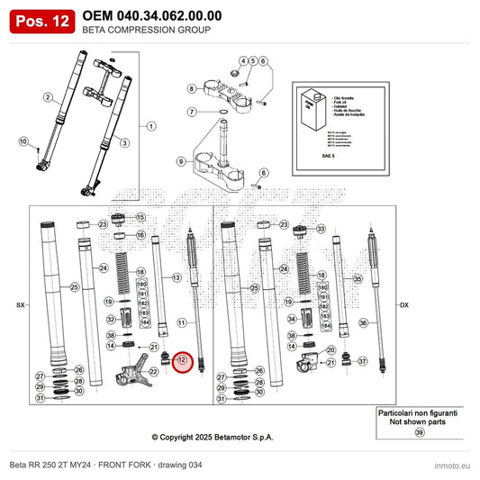 BETA COMPRESSION GROUP – OEM 040.34.062.00.00, position 12 on the Beta RR 250 2T MY24 front fork drawing