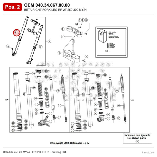 BETA RIGHT FORK LEG RR 2T 250-300 MY24 – OEM 040.34.067.80.00, position 2 on the Beta RR 250 2T MY24 front fork drawing