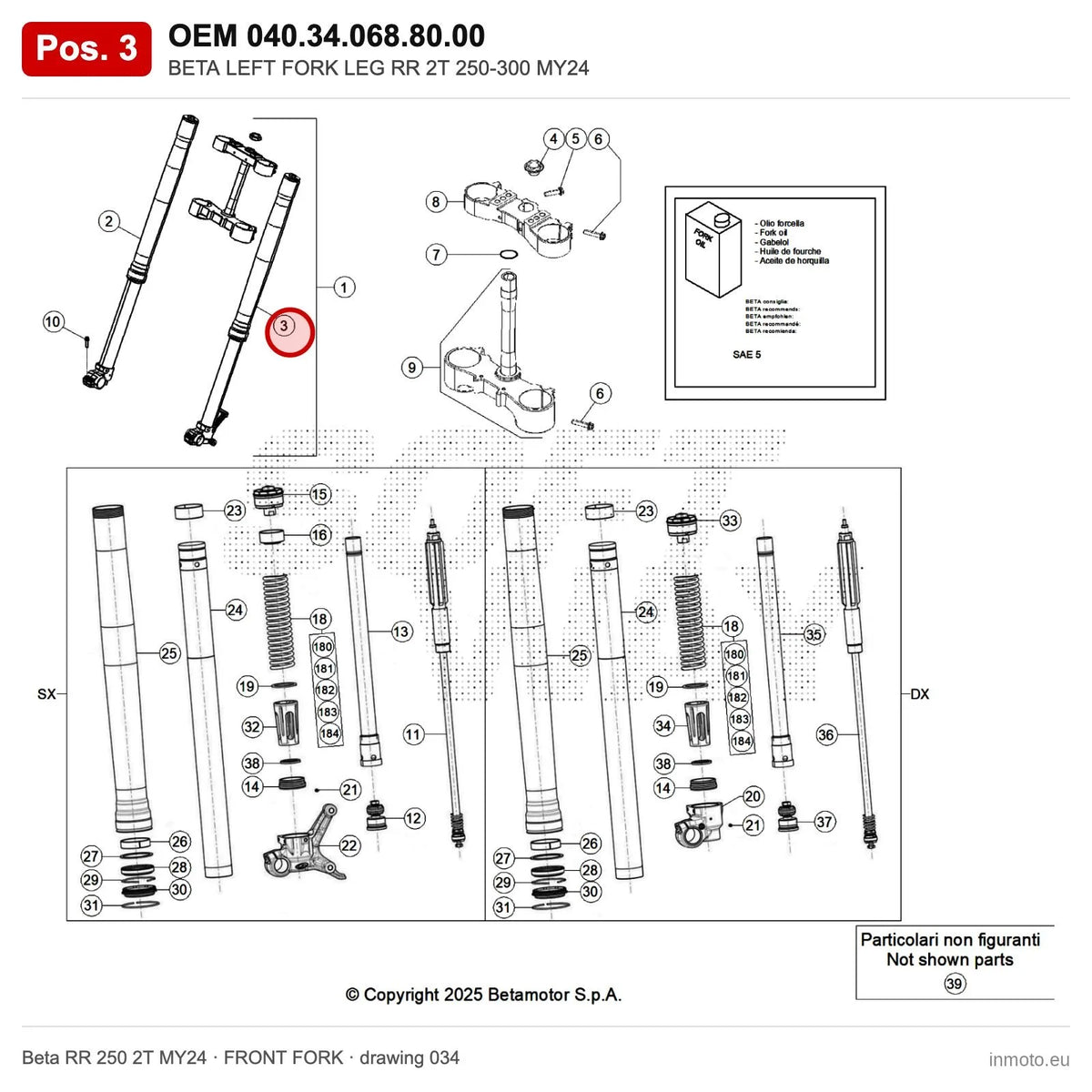 BETA LEFT FORK LEG RR 2T 250-300 MY24 – OEM 040.34.068.80.00, position 3 on the Beta RR 250 2T MY24 front fork drawing