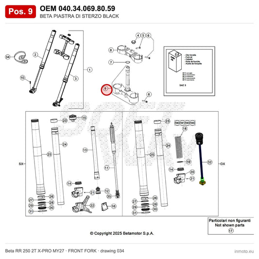 BETA TRIPLE CLAMP BLACK – OEM 040.34.069.80.59, position 9 on the Beta RR 250 2T X-PRO MY27 front fork drawing